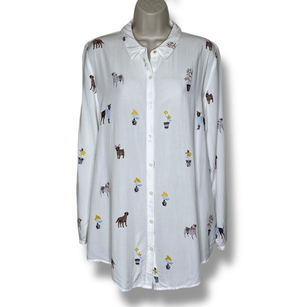 Joules Elvina Cream Dog Plant Print Shirt Long Sleeve Button Front Women Size 10